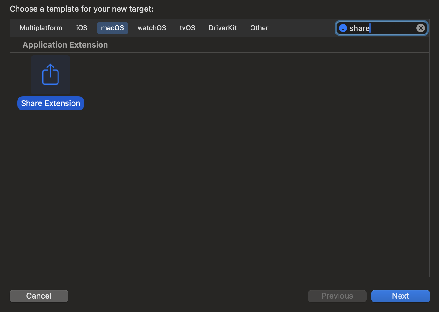 Screenshot the "Share Extension" target option in Xcode